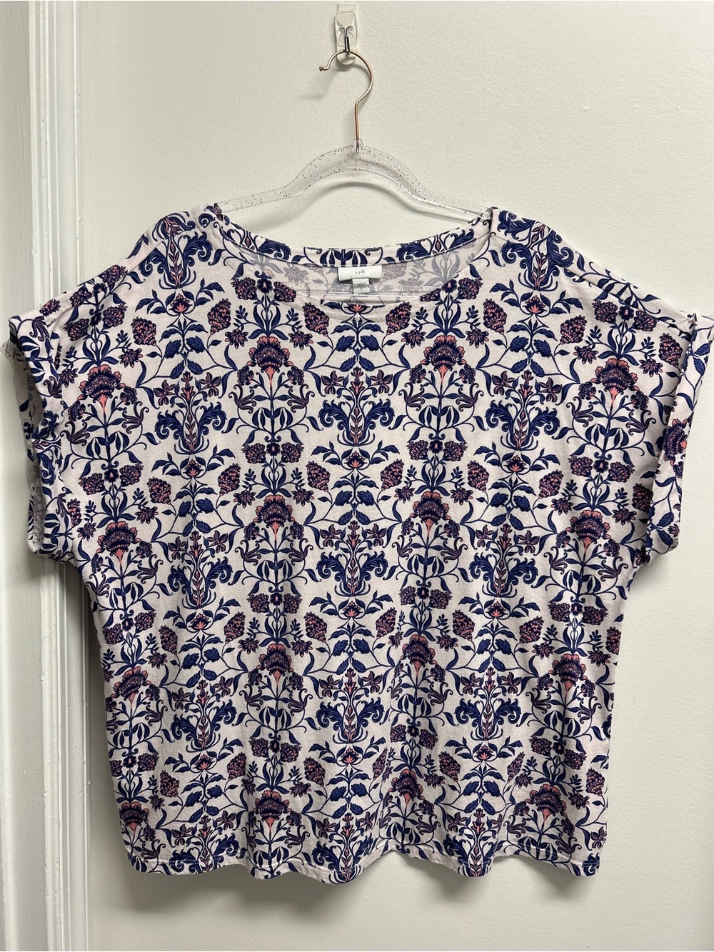 J. Jill White Short Sleeve Top with Navy and Pink Floral Print